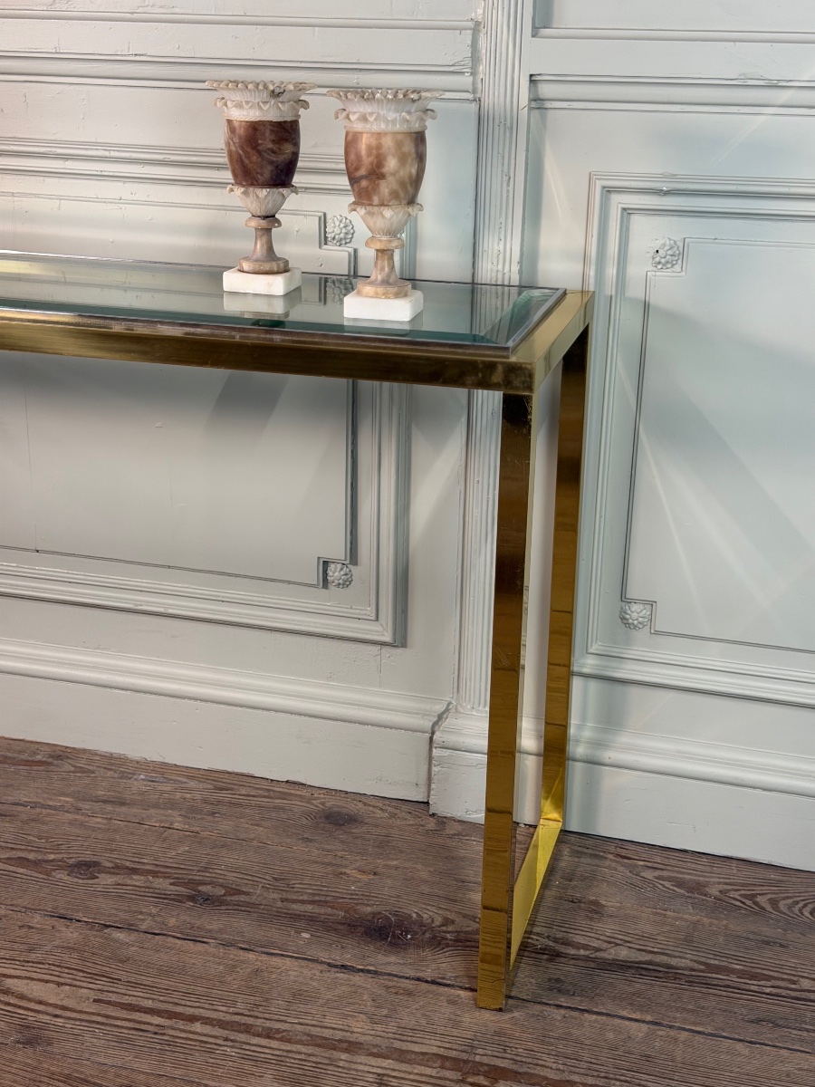 Gold- And Chrome-plated Metal Console Table With Beveled Glass, Circa 1980 -photo-2