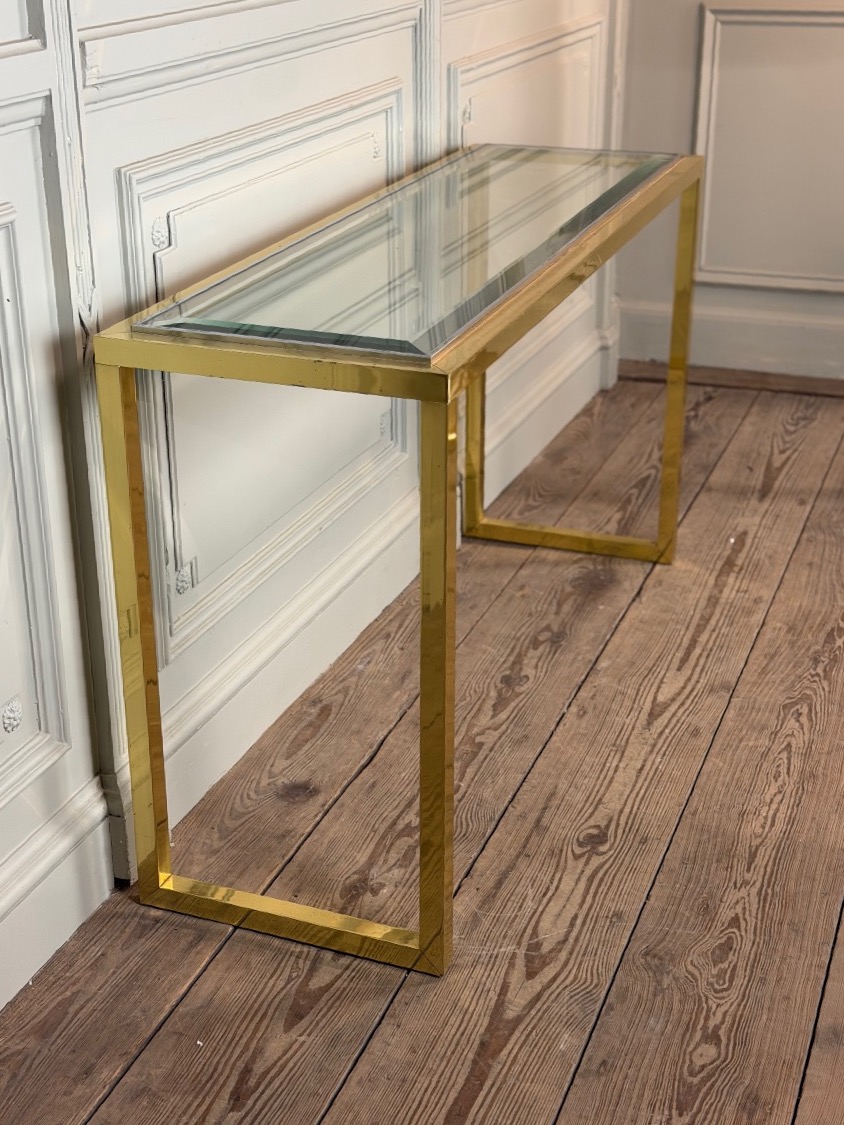Gold- And Chrome-plated Metal Console Table With Beveled Glass, Circa 1980 -photo-3