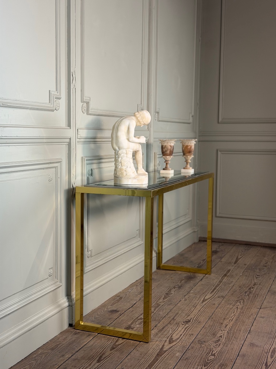 Gold- And Chrome-plated Metal Console Table With Beveled Glass, Circa 1980 -photo-2
