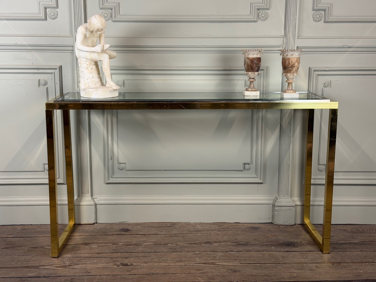 Gold- And Chrome-plated Metal Console Table With Beveled Glass, Circa 1980 -photo-3