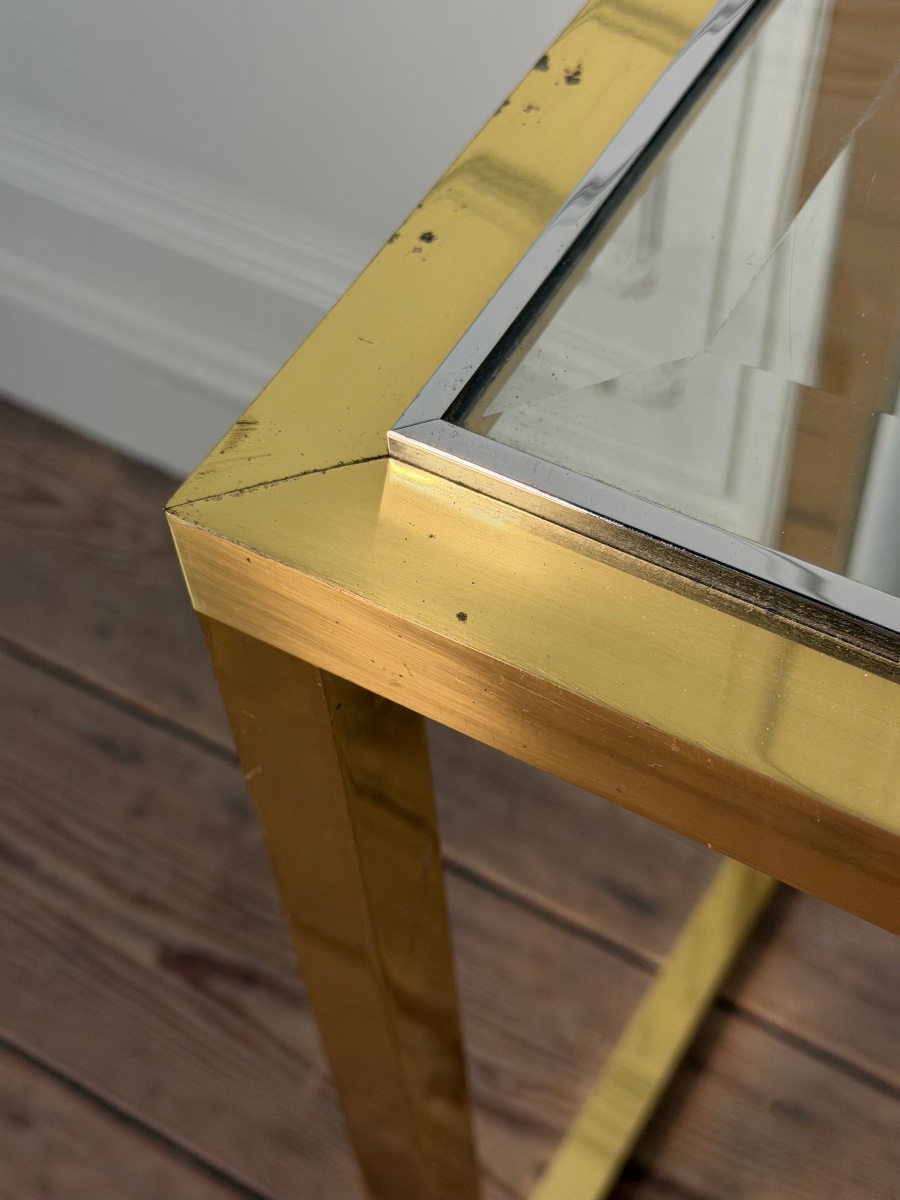 Gold- And Chrome-plated Metal Console Table With Beveled Glass, Circa 1980 -photo-5