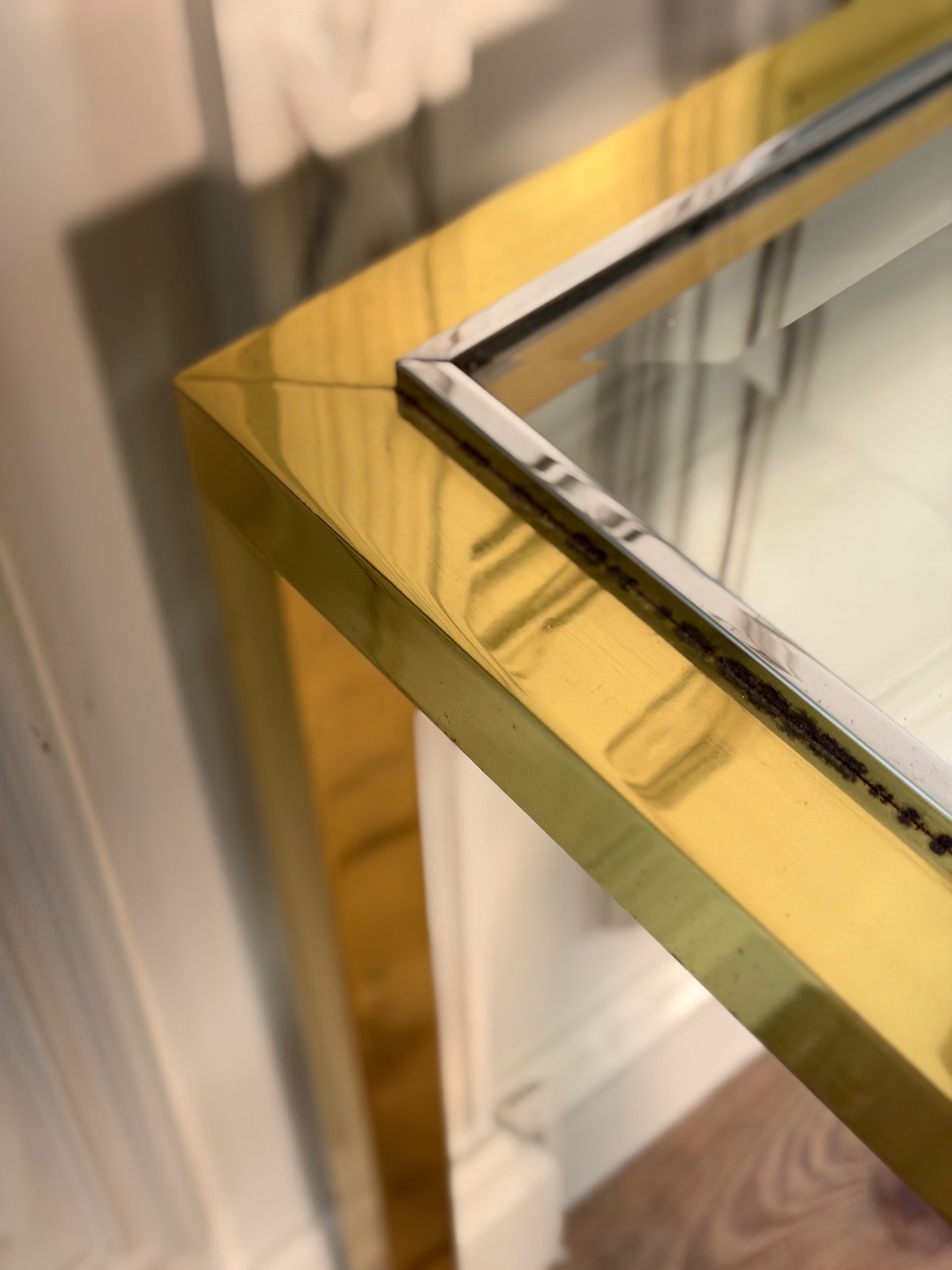 Gold- And Chrome-plated Metal Console Table With Beveled Glass, Circa 1980 -photo-7