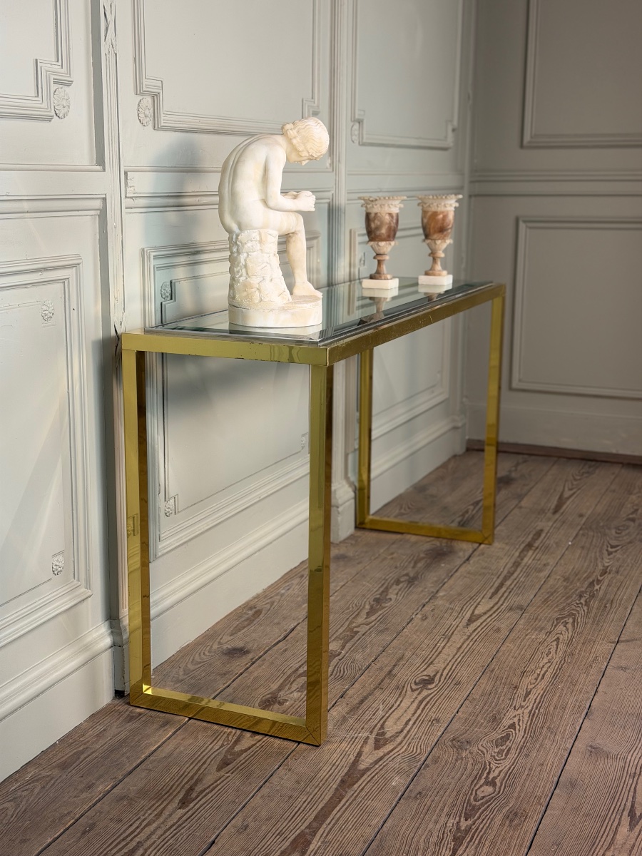 Gold- And Chrome-plated Metal Console Table With Beveled Glass, Circa 1980 