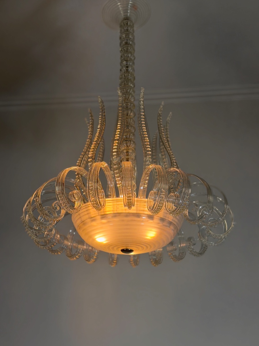 Large Art Deco Chandelier Made Of Murano Glass, Likely By Seguso, Circa 1930-photo-1