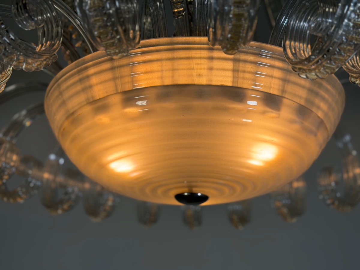 Large Art Deco Chandelier Made Of Murano Glass, Likely By Seguso, Circa 1930-photo-5