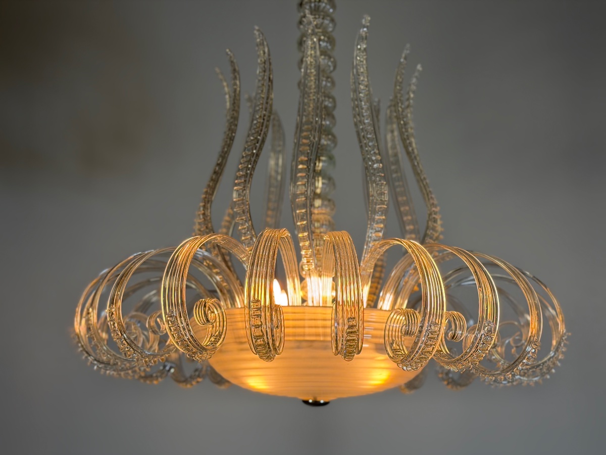 Large Art Deco Chandelier Made Of Murano Glass, Likely By Seguso, Circa 1930-photo-6