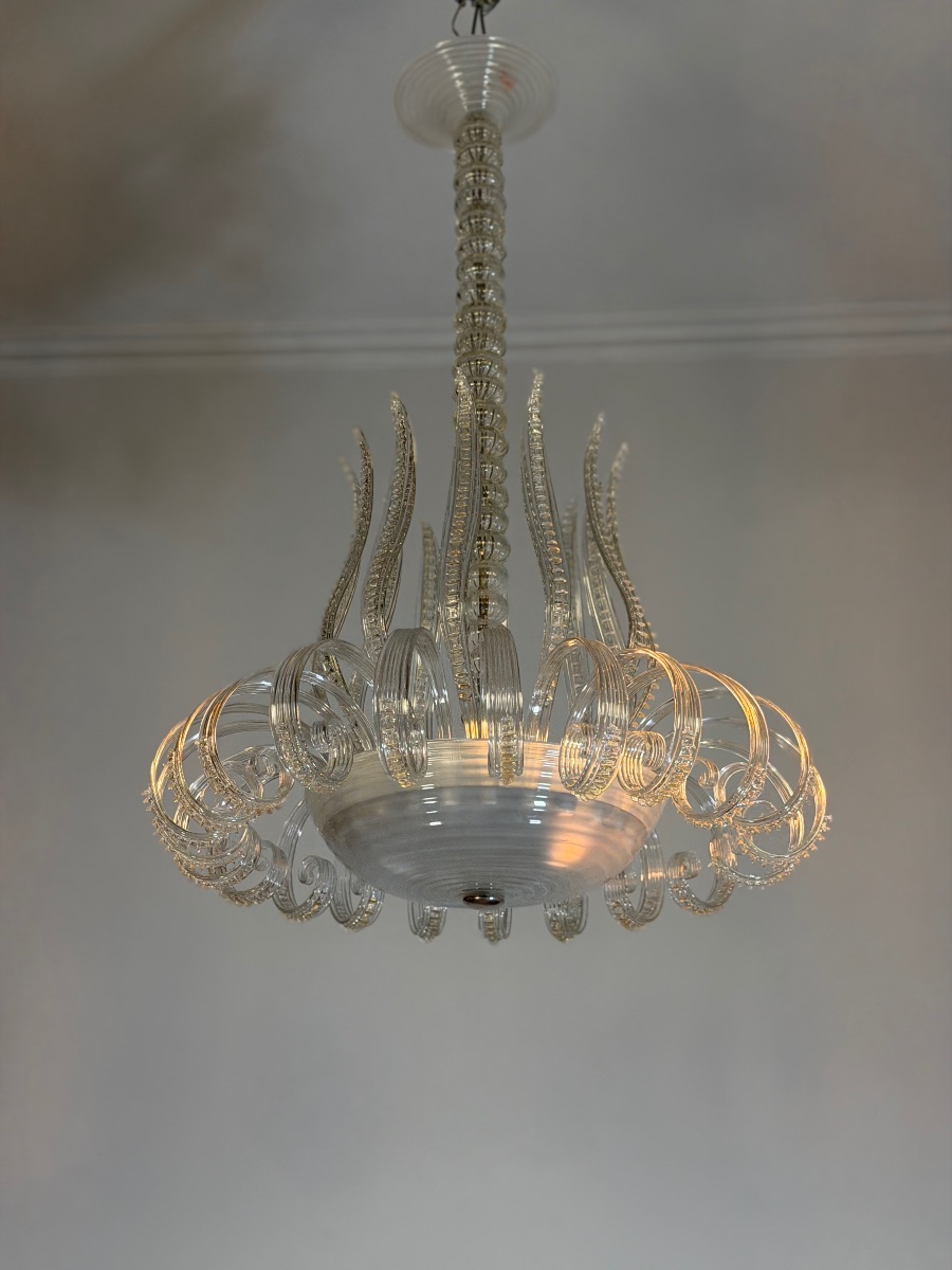 Large Art Deco Chandelier Made Of Murano Glass, Likely By Seguso, Circa 1930-photo-7