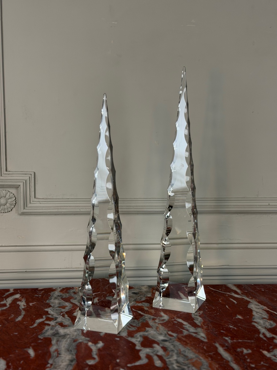 Two Obelisks Made Of Cut Crystal, Signed "archimede Seguso Murano" On The Bottom, Circa 1950-photo-2