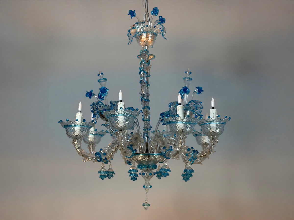 Lustre vénitien en verre de Murano incolore et bleu, 8 bras de lumière, vers 1920 -photo-2