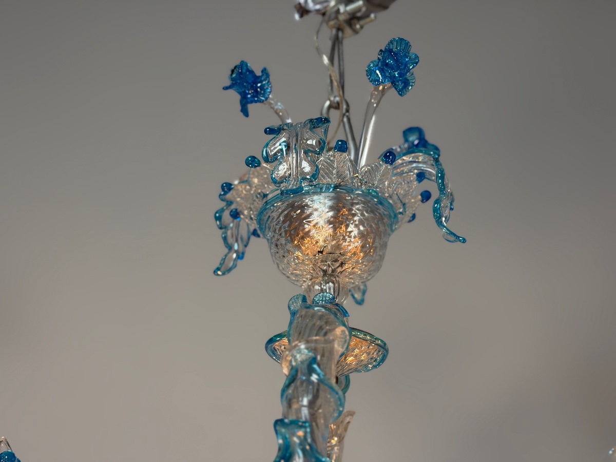 Lustre vénitien en verre de Murano incolore et bleu, 8 bras de lumière, vers 1920 -photo-1