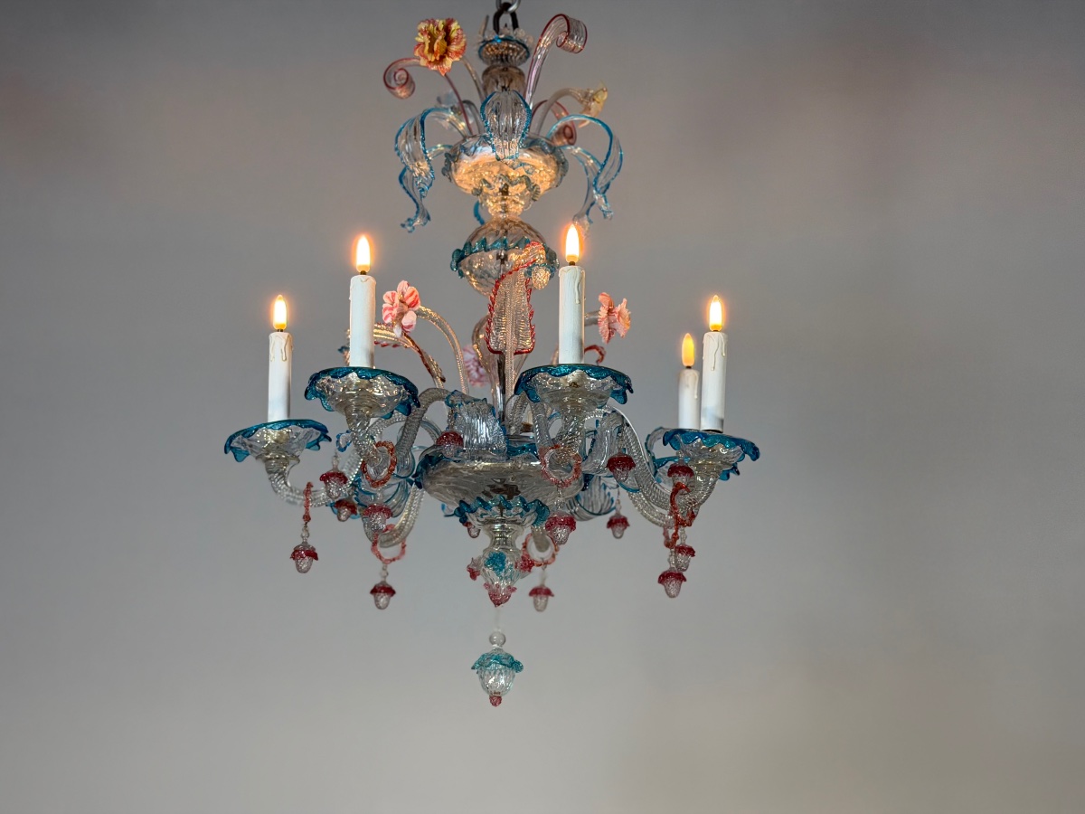 Lustre vénitien en verre de Murano multicolore, 8 bras de lumière, vers 1880 -photo-4