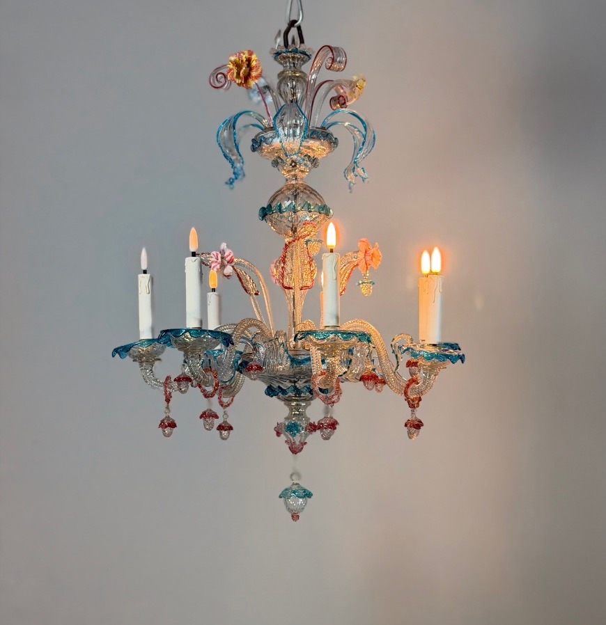Lustre vénitien en verre de Murano multicolore, 8 bras de lumière, vers 1880 