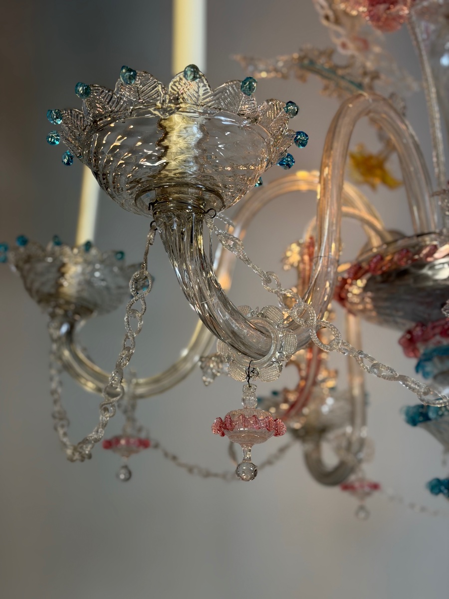 Grand lustre vénitien en verre de Murano multicolore, 12 bras de lumière, Vers 1880-photo-5