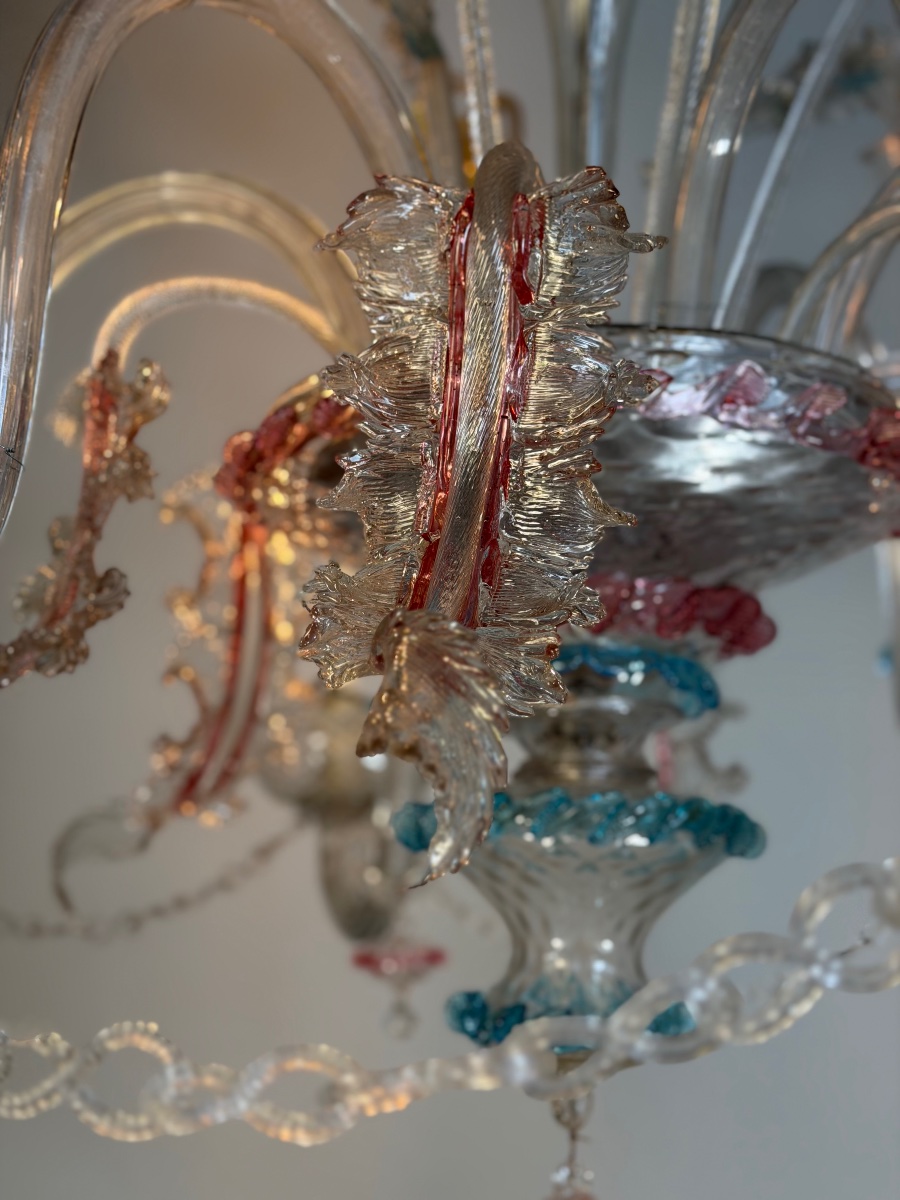 Grand lustre vénitien en verre de Murano multicolore, 12 bras de lumière, Vers 1880-photo-6