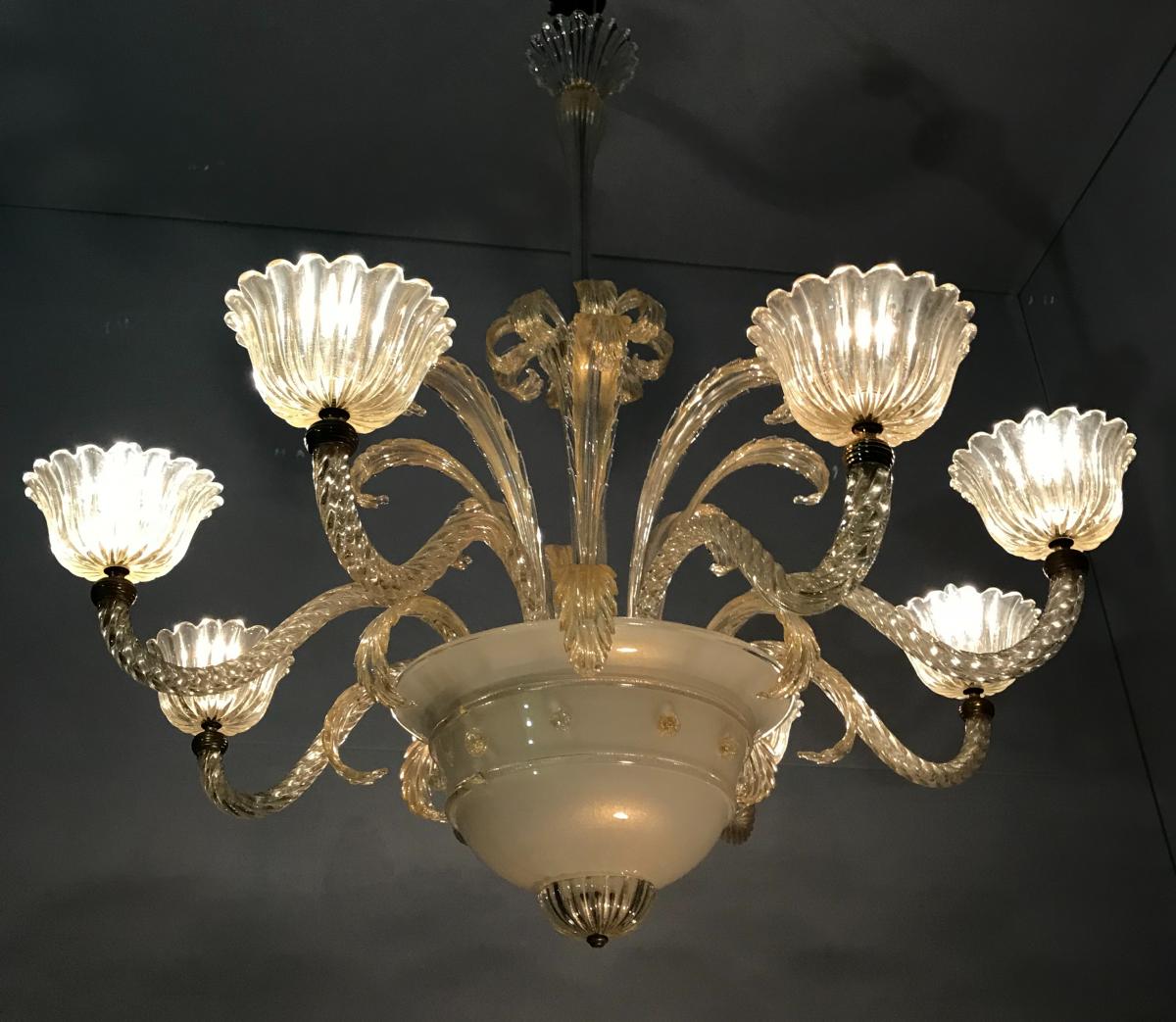 Lustre En Verre De Murano Circa 1940, 8 Bras De Lumière 