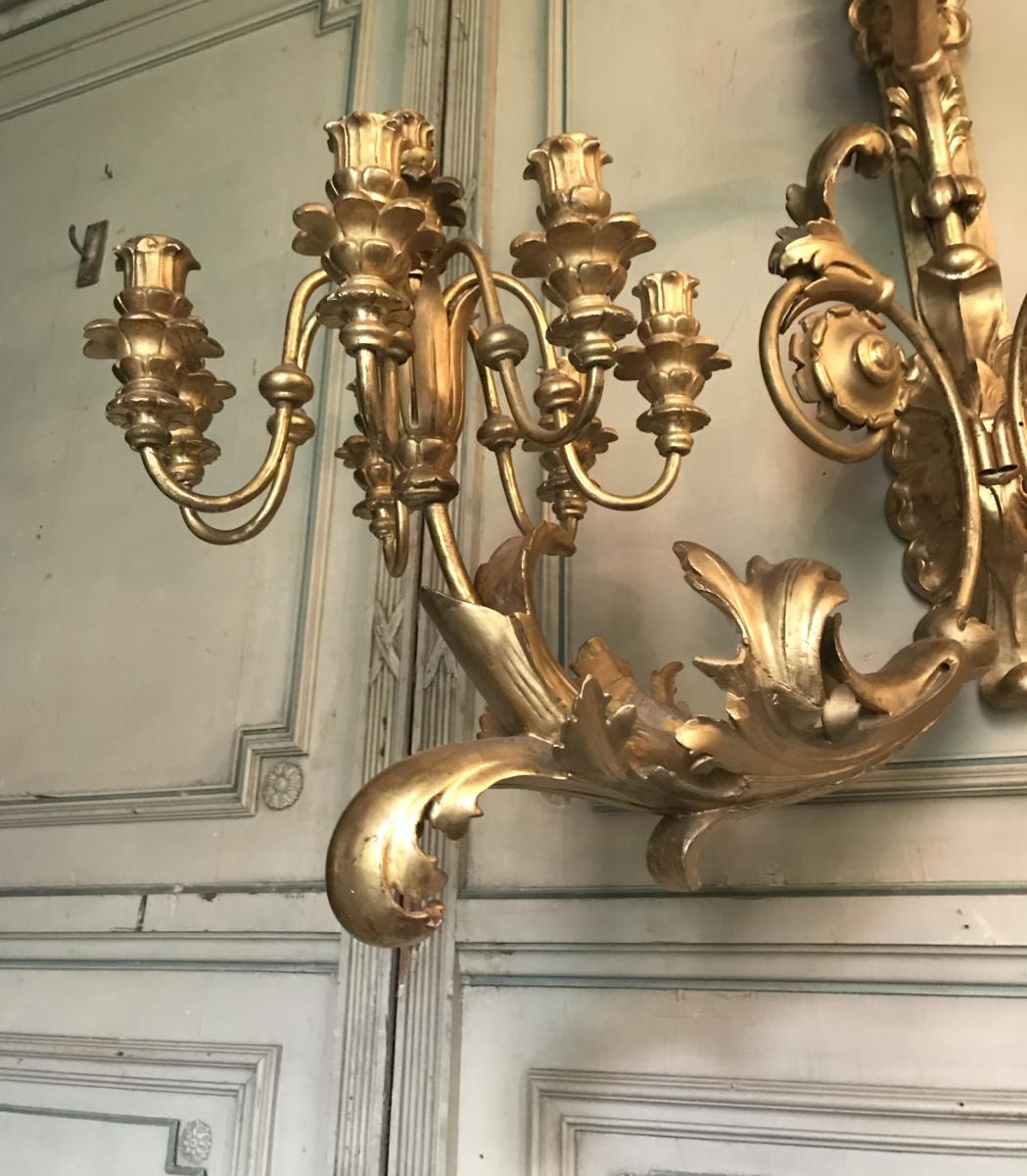 Pair Of Monumental Sconces In Golden Wood-photo-3