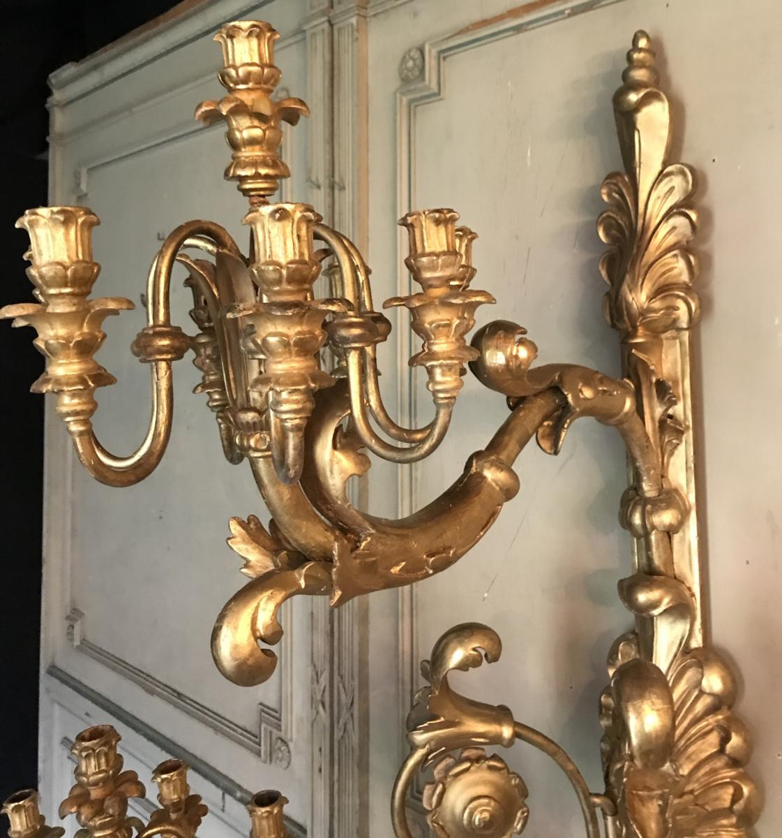 Pair Of Monumental Sconces In Golden Wood-photo-1