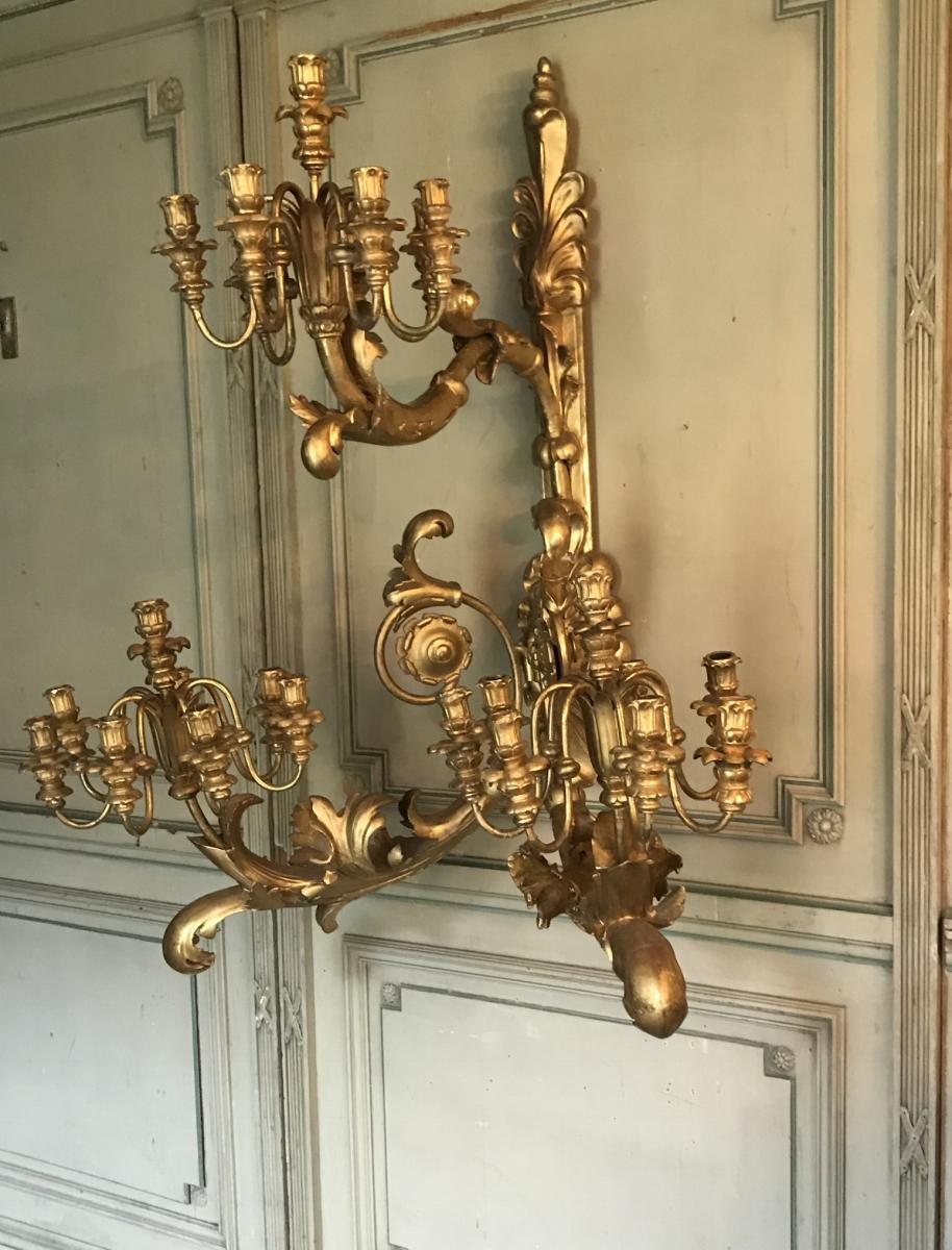 Pair Of Monumental Sconces In Golden Wood-photo-4