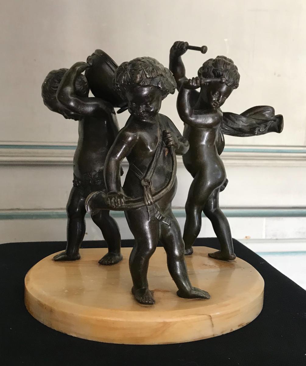 Three Musicians Angels, Bronze Sculptures On Marble Base