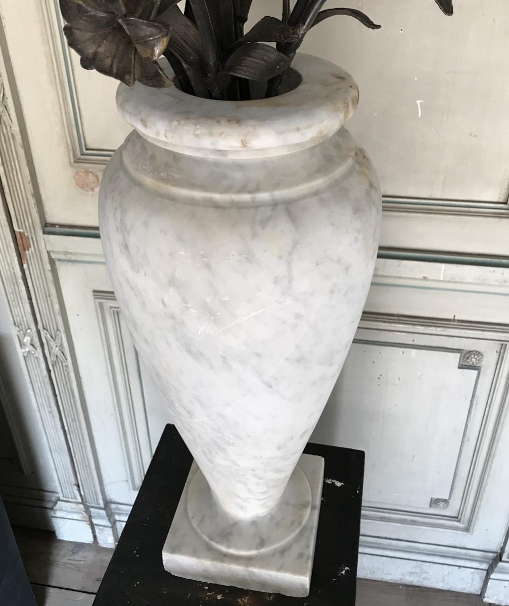 Pair Of Vases In Carrara Marble, Bronze Flower Bouquet-photo-3