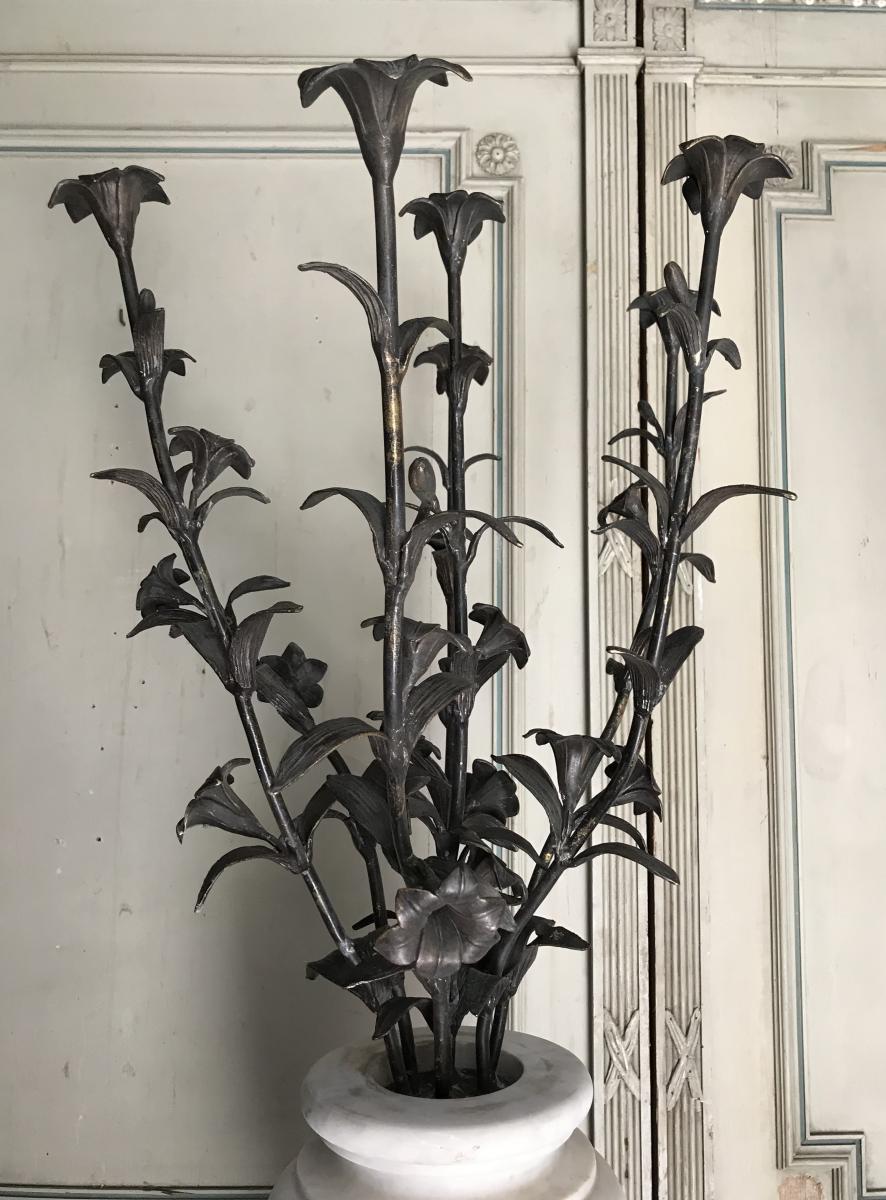 Paire De Vases En Marbre De Carrare, Bouquet De Fleurs En Bronze-photo-1