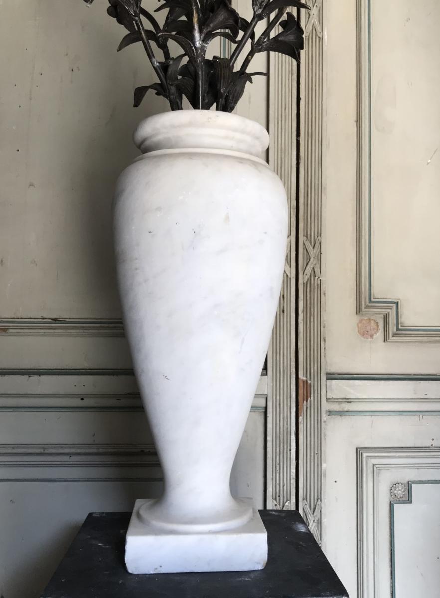 Pair Of Vases In Carrara Marble, Bronze Flower Bouquet-photo-2