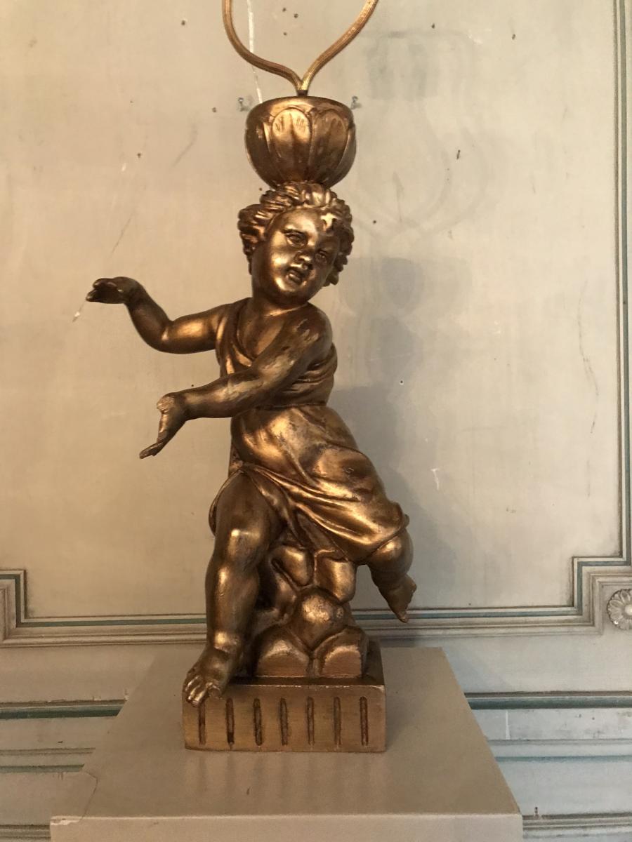 Two Children Carved Golden Wood, Table Lamps-photo-3