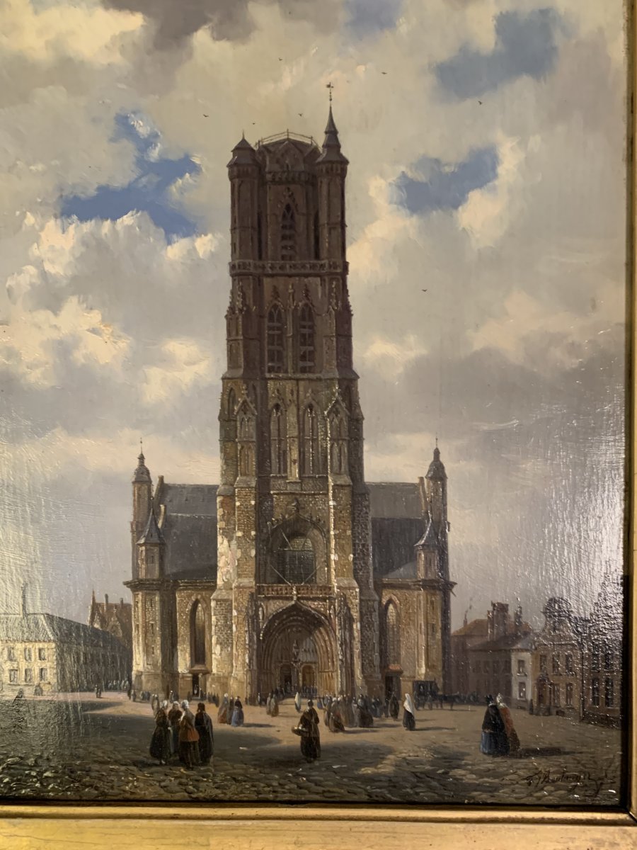 Huile Sur Panneau, Vue De La Cathédrale Saint-bavon De Gand, F. Boulanger-photo-2