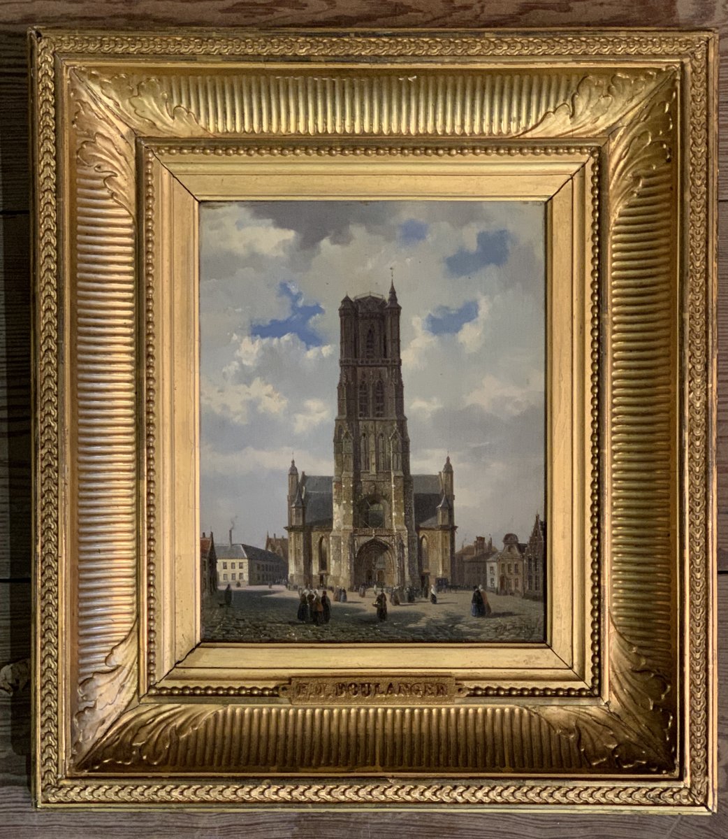 Huile Sur Panneau, Vue De La Cathédrale Saint-bavon De Gand, F. Boulanger-photo-4