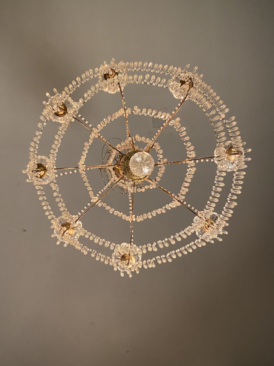 Chandelier 8 Arms Of Light, Tassels And Golden Wood, Italy, Beginning Of XXth Century-photo-2