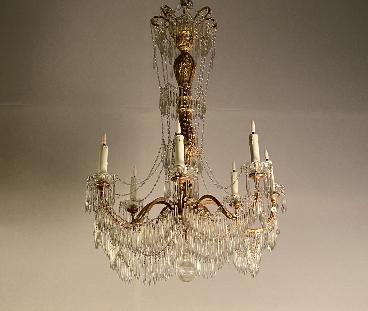 Chandelier 8 Arms Of Light, Tassels And Golden Wood, Italy, Beginning Of XXth Century-photo-4