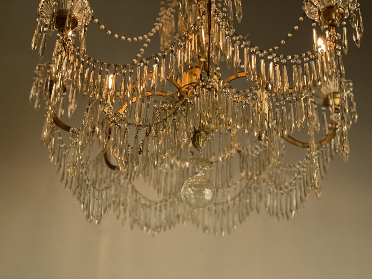 Chandelier 8 Arms Of Light, Tassels And Golden Wood, Italy, Beginning Of XXth Century-photo-6