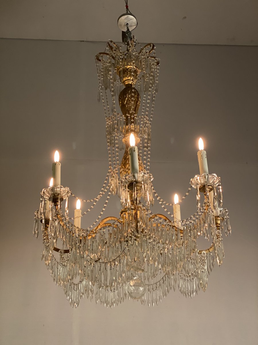 Chandelier 8 Arms Of Light, Tassels And Golden Wood, Italy, Beginning Of XXth Century-photo-8