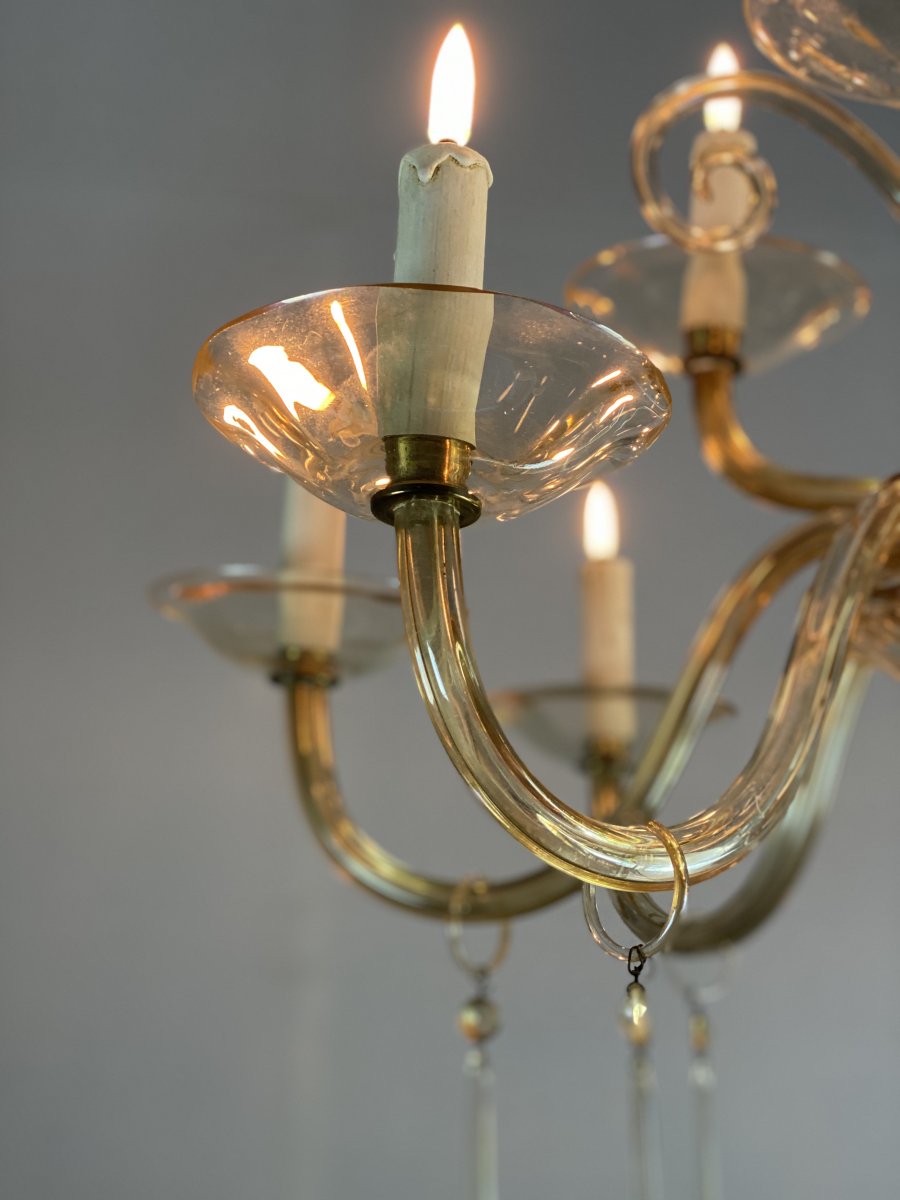 Lustre En Verre Mordoré, Deux étages Et 12 Bras De Lumière Vers 1940-photo-2