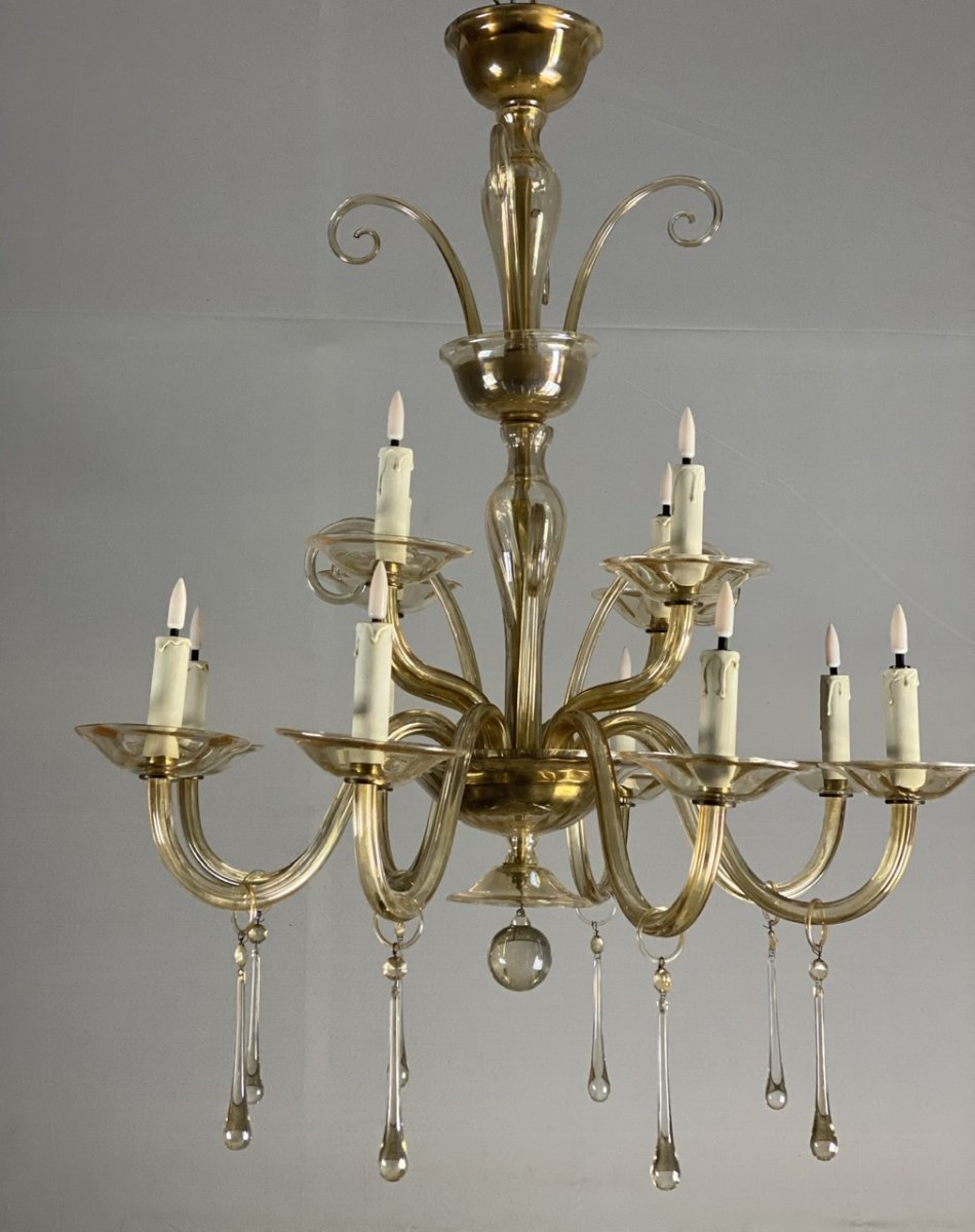 Lustre En Verre Mordoré, Deux étages Et 12 Bras De Lumière Vers 1940-photo-5