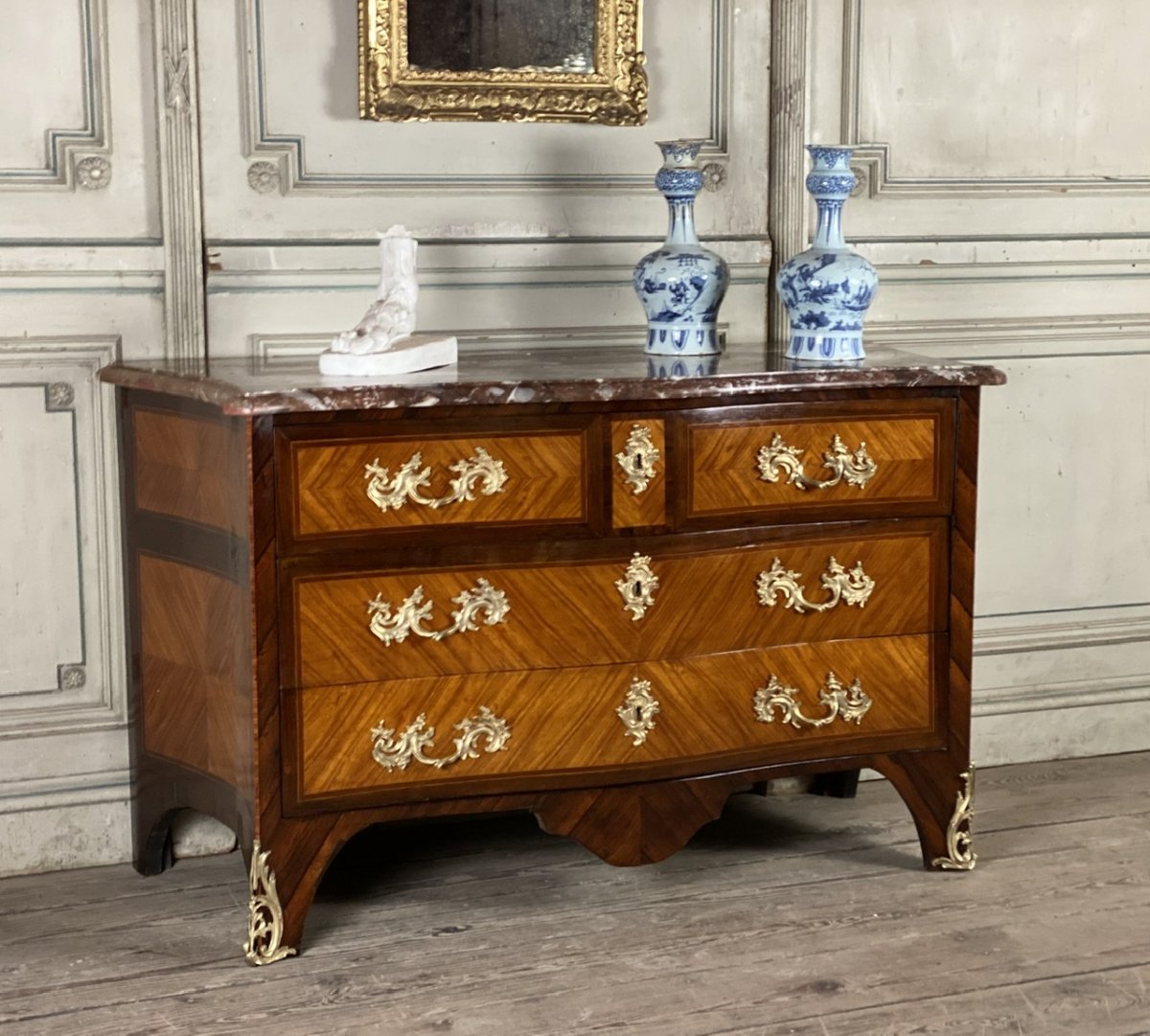 Dresser In Rosewood And Rosewood Veneer, Gilt Bronze, Rance Marble, Louis XV-photo-3