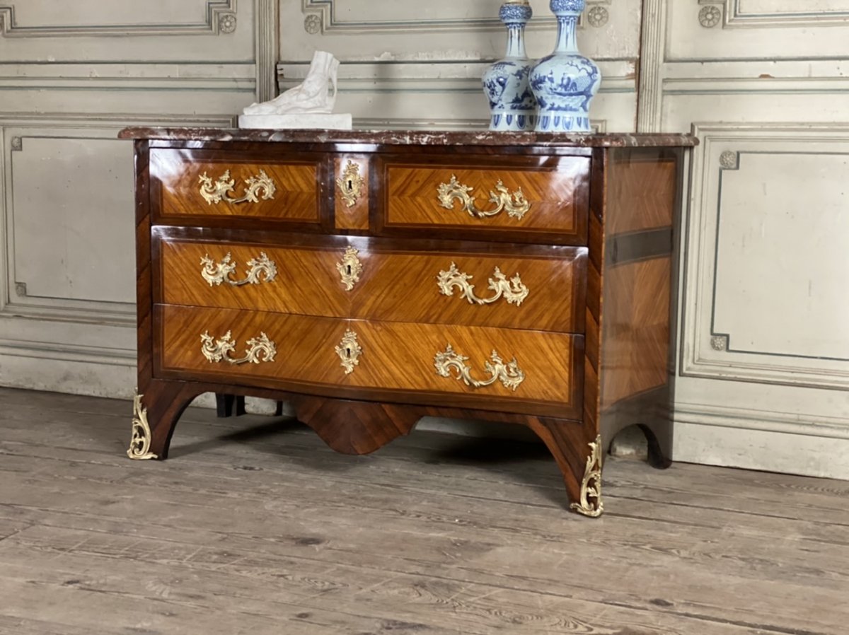 Commode En Placage De Bois De Rose Et Palissandre, Bronze Doré, Marbre De Rance, Louis XV-photo-4