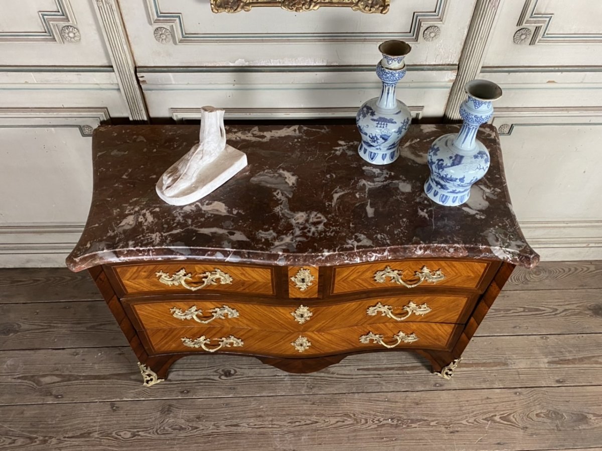 Commode En Placage De Bois De Rose Et Palissandre, Bronze Doré, Marbre De Rance, Louis XV-photo-1