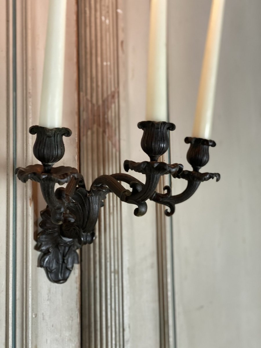 Pair Of Bronze Patina Black Sconces, Charles X-photo-4