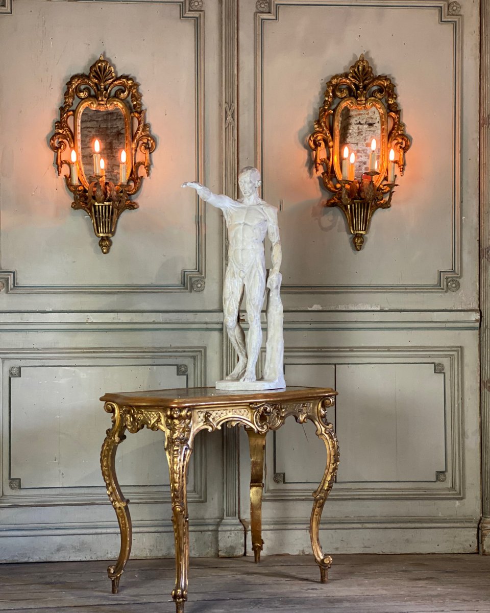 Paire De Miroirs En Bois Sculpté, Trois Bras De Lumière De Style Louis XVI