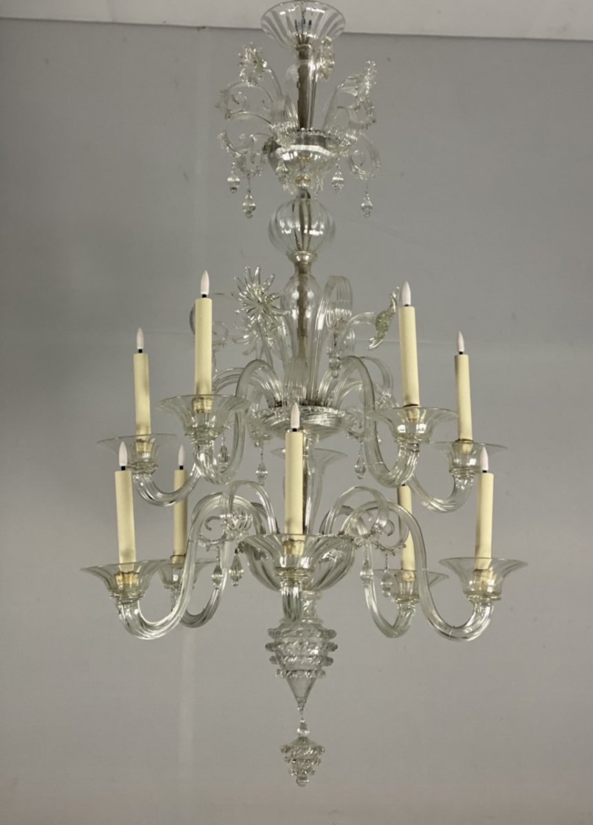 Venetian Chandelier In Transparent Murano Glass 10 Arms Of Light On Two Levels-photo-2