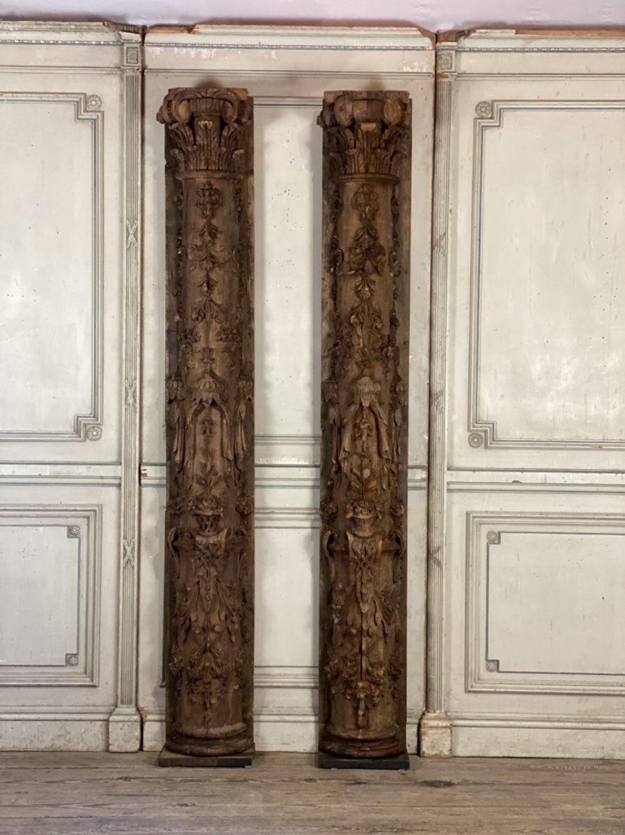Pair Of Half Columns In Carved Pine, Late XVIIth Century-photo-3
