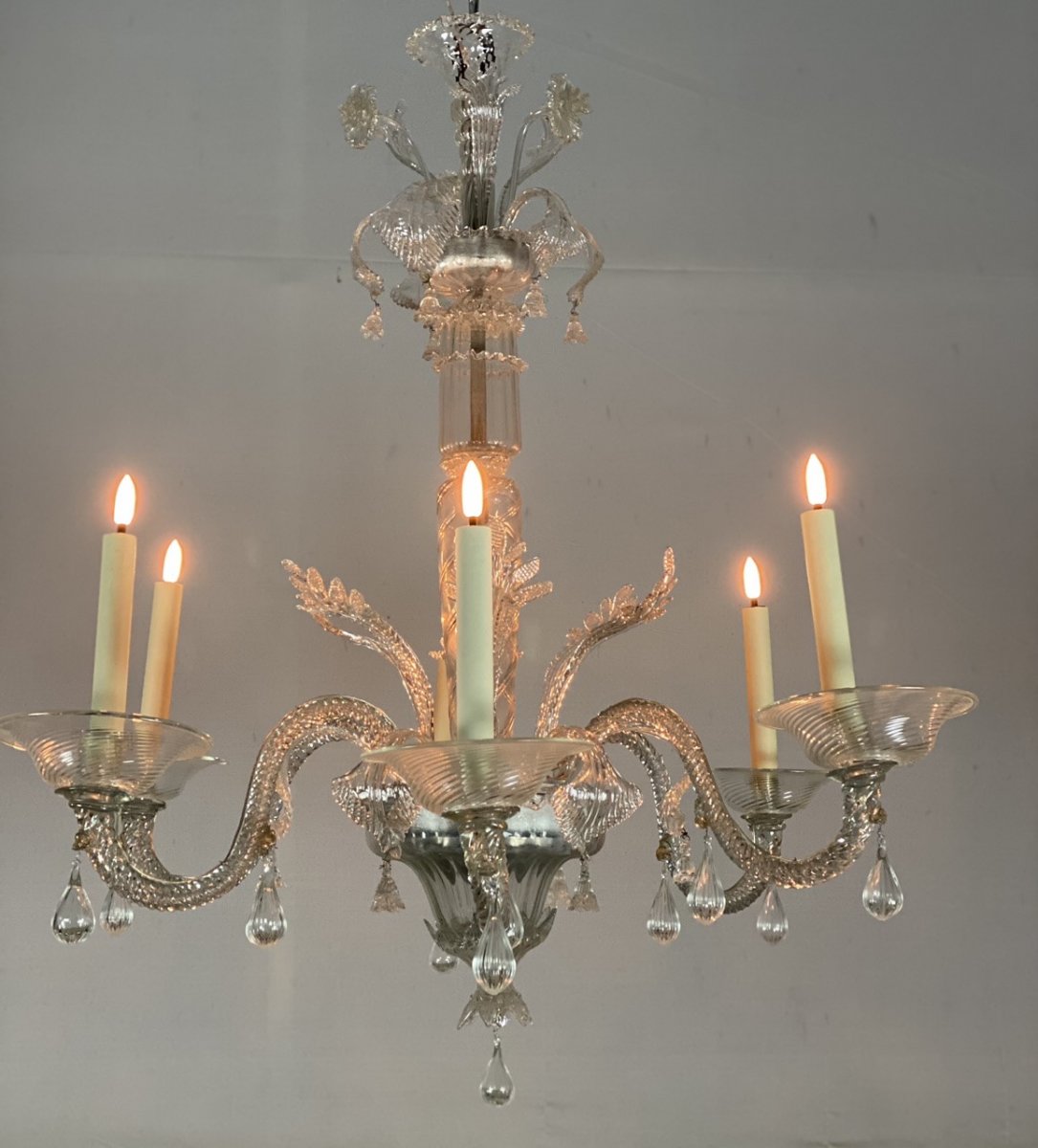 Transparent Murano Glass Venetian Chandelier, 6 Arms Of Light