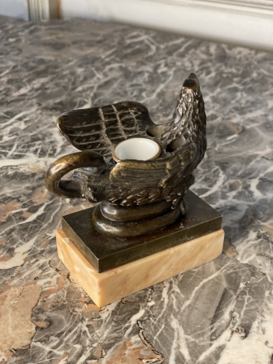 Eagle And Snake, Bronze Inkwell On Marble Base-photo-3