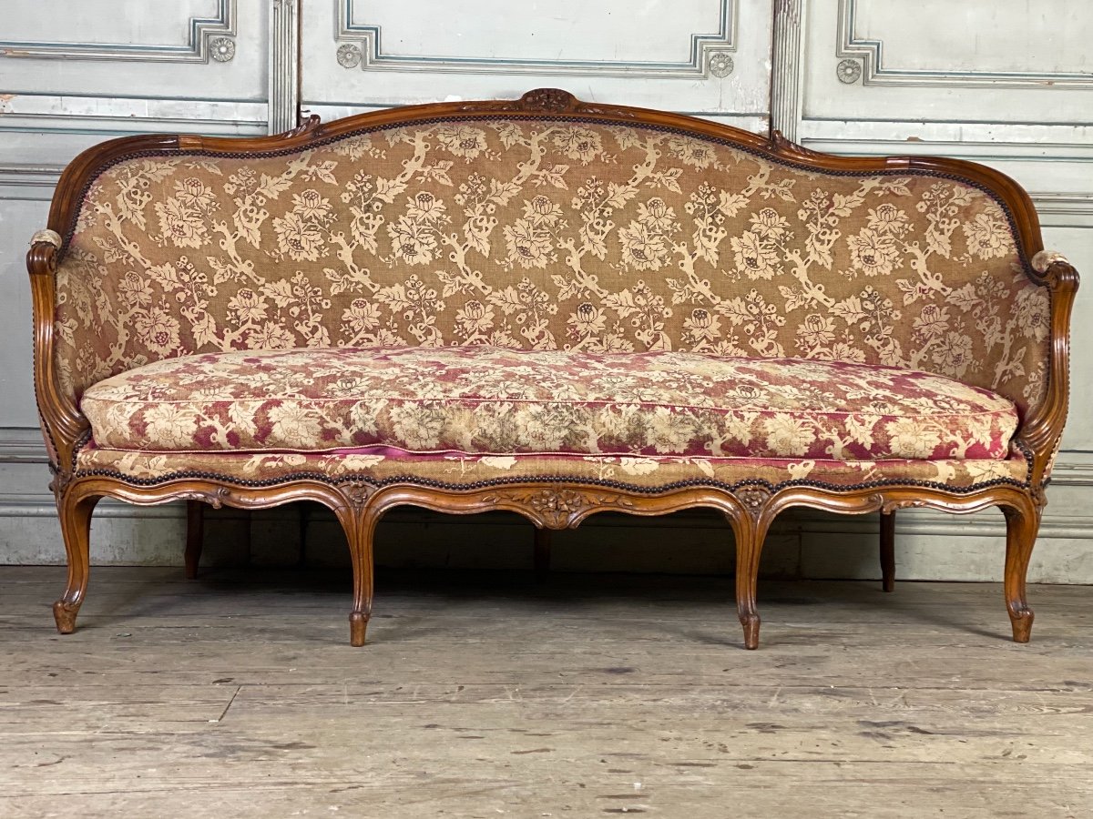 Banquette Louis XV En Hêtre Sculpté Et Mouluré Dossier Corbeille, XVIIIème Siècle 