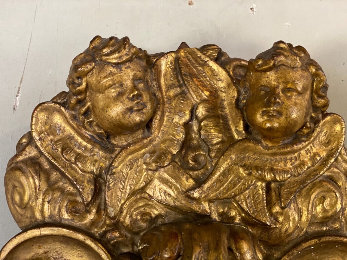 Paire D’appliques En Bois Sculpté Et Doré Surmontées De Deux Têtes D’angelots, Italie -photo-2