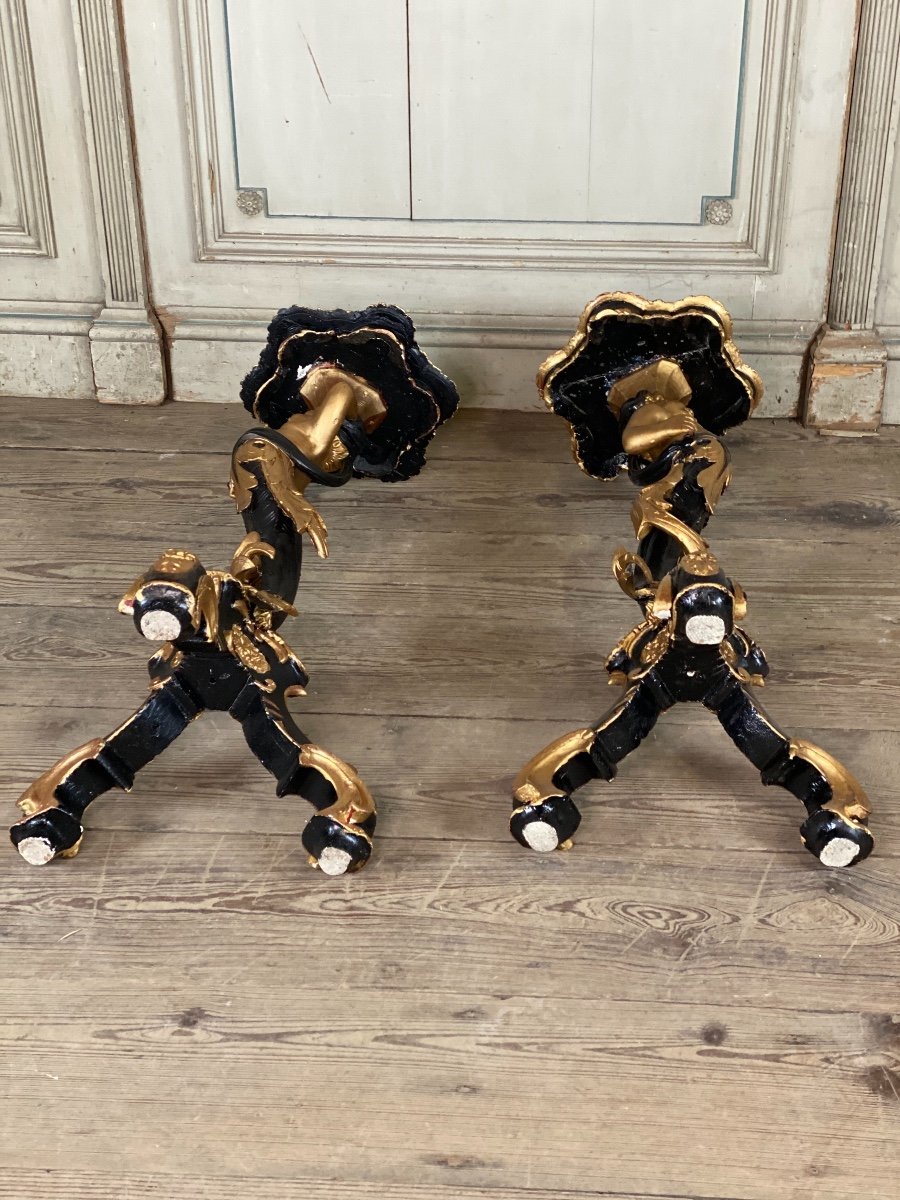 Pair Of Carved Wood Saddles, Black And Golden Patina Around 1900-photo-1