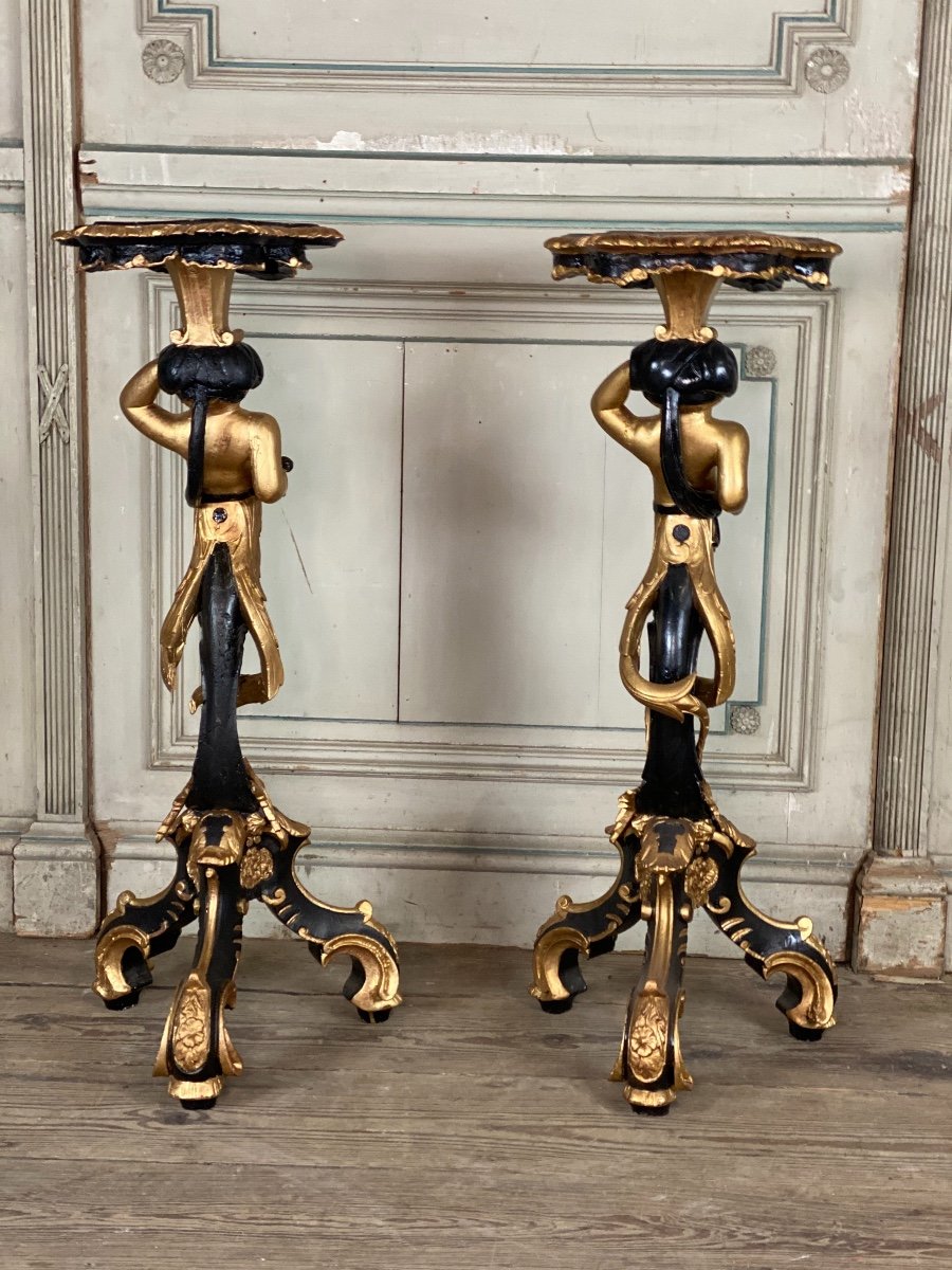 Pair Of Carved Wood Saddles, Black And Golden Patina Around 1900-photo-2