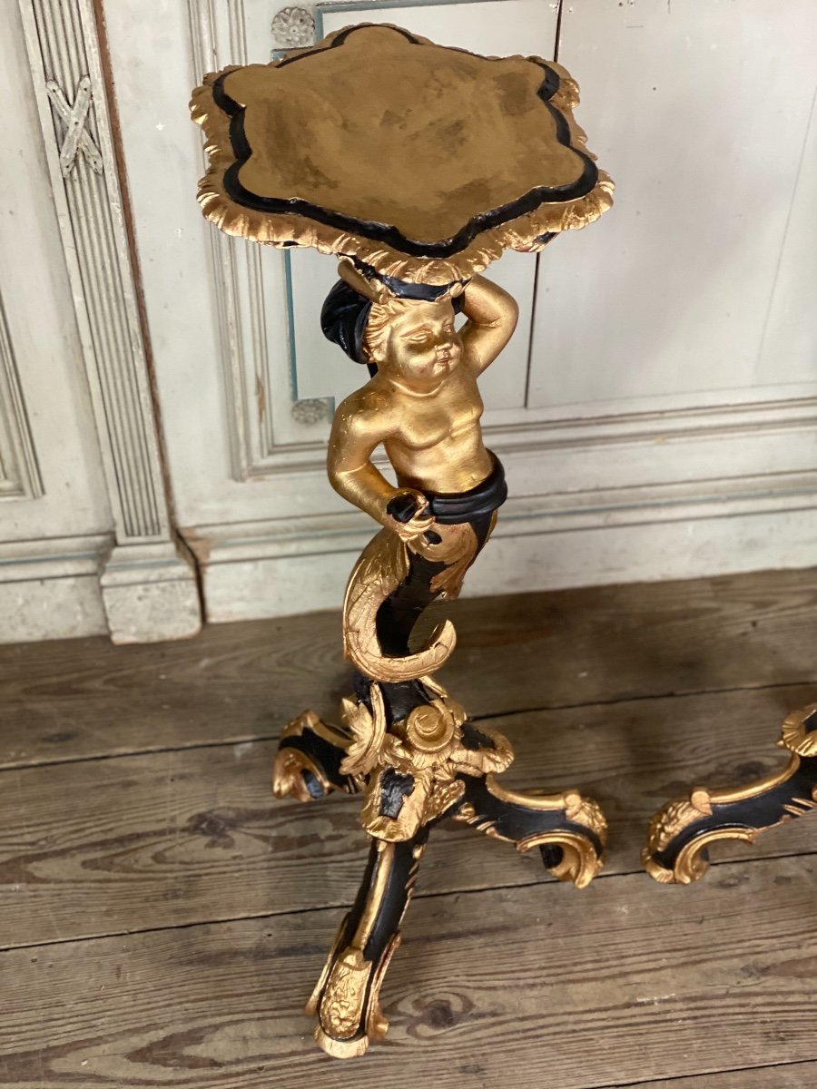 Paire De Sellettes En Bois Sculpté, Patine Noire Et Dorée Vers 1900-photo-6