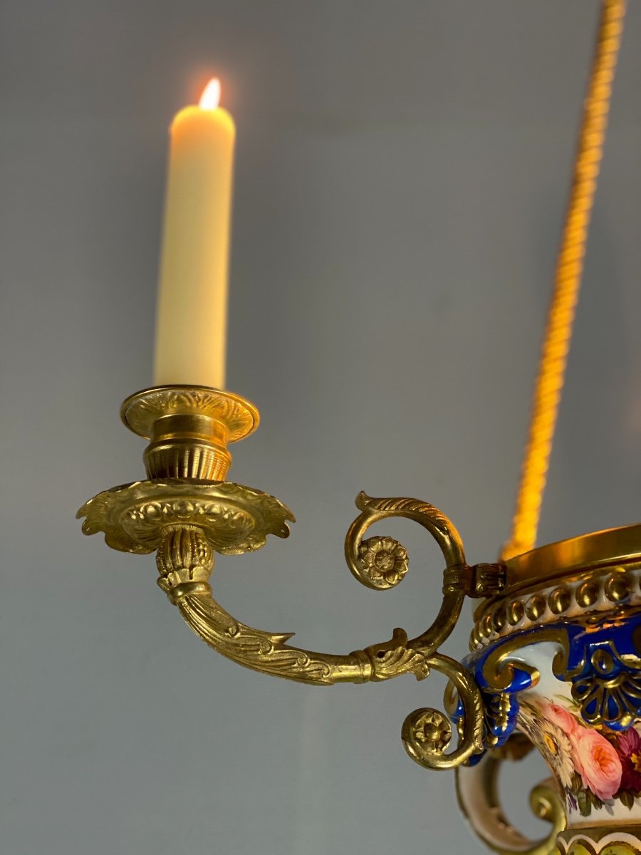 Lustre En Porcelaine, Trois Bras De Lumière En Bronze Et Cuivre Doré, XIXéme Siècle -photo-4